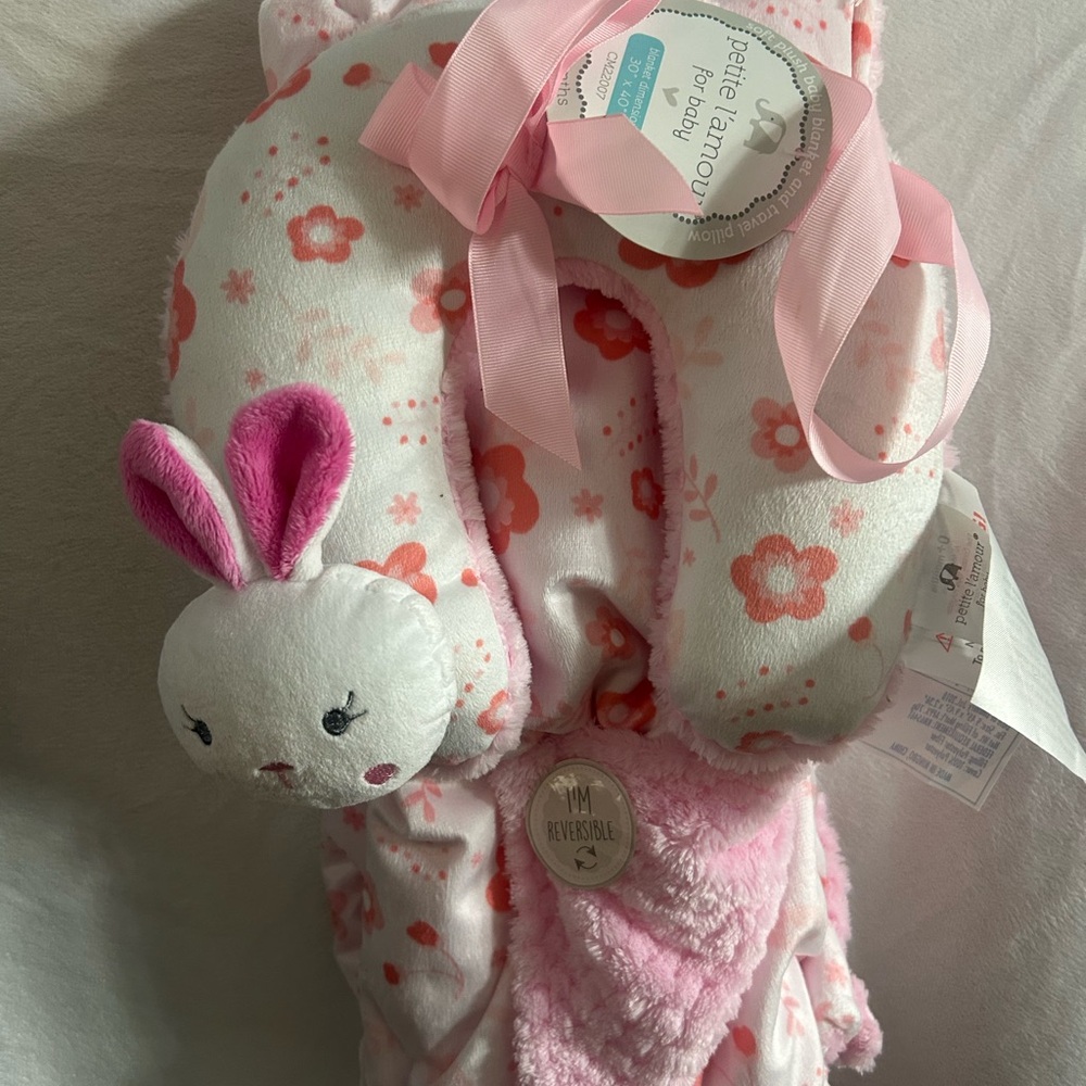Petite L’amour for baby Pink Floral Blanket with Bunny Plush